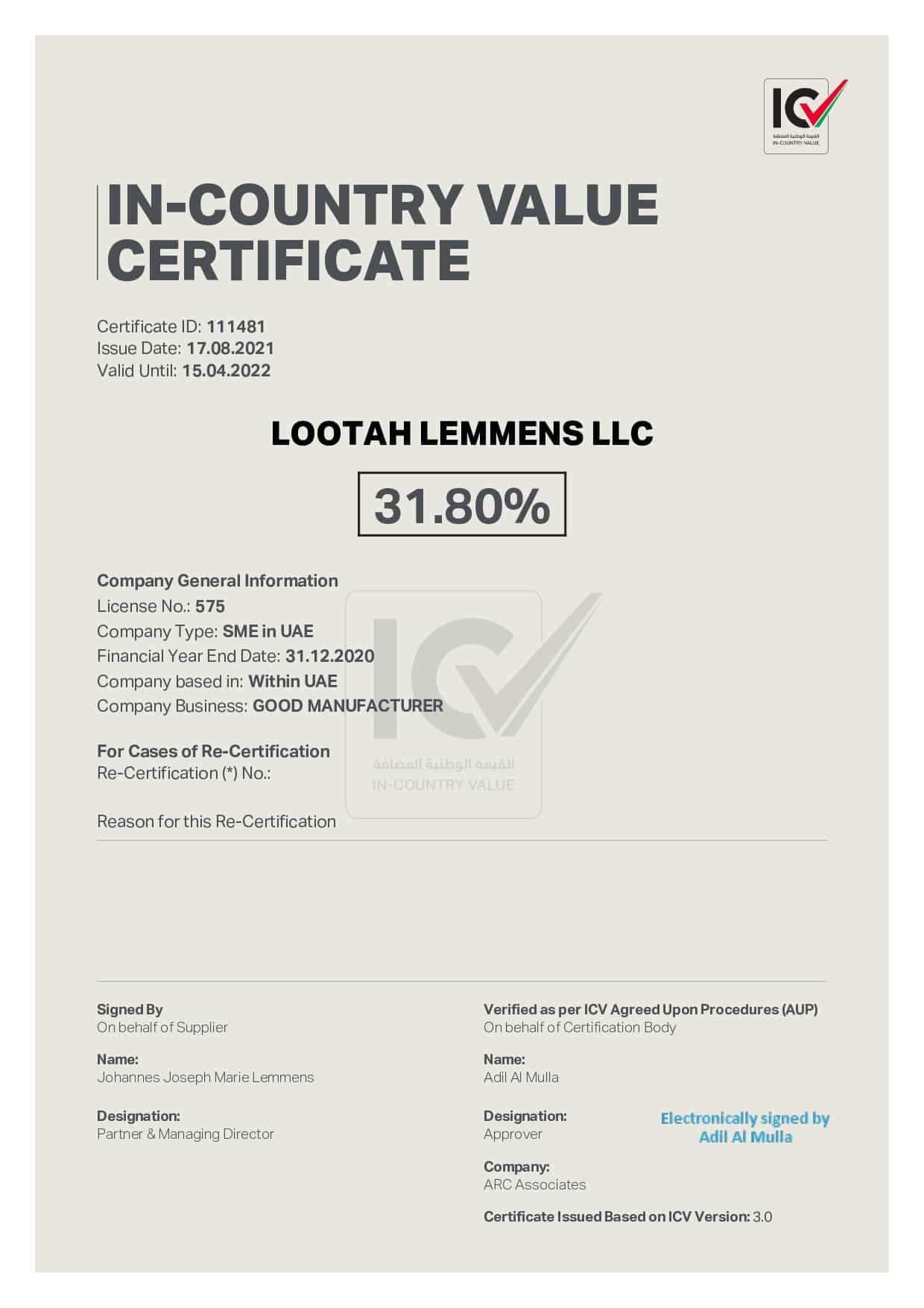 In Country Value Certificate_Top_Overhead crane, gantry crane, jib crane manufacturer in UAE