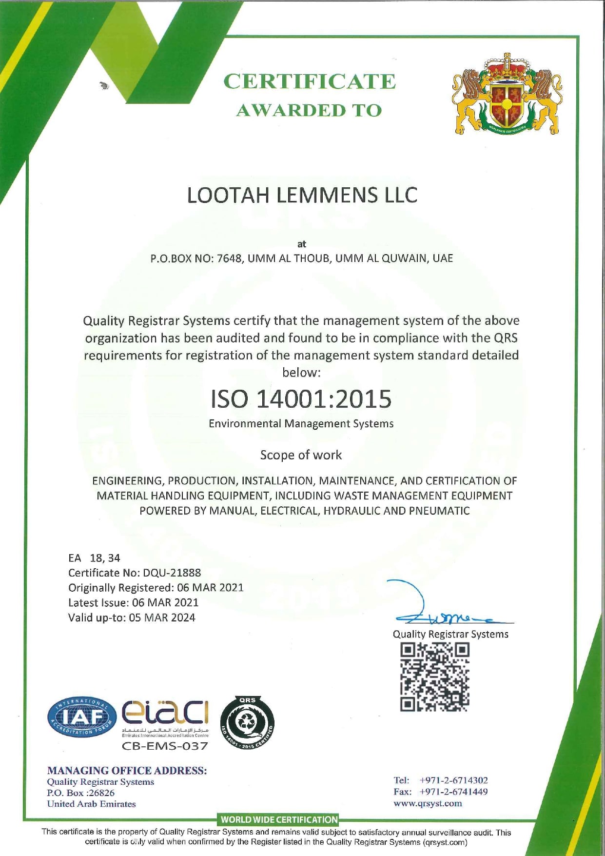 ISO 14001-2015 Certificate for overhead cranes, jib cranes, gantry cranes in company in Abu Dhabi