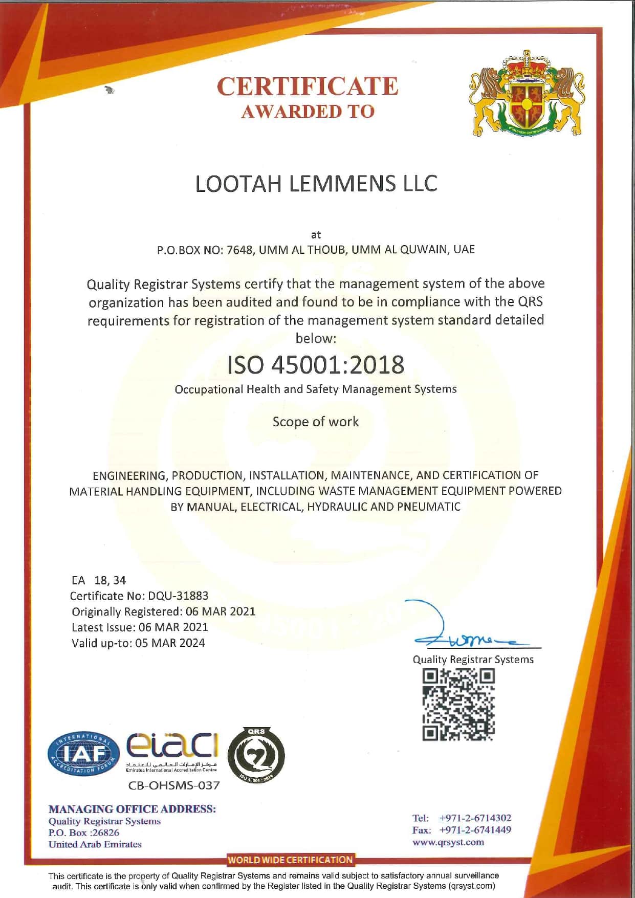 ISO 45001- Best overhead crane, jib crane, gantry crane manufacturer in Sharjah