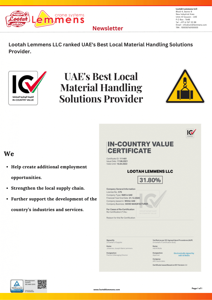ICV score proof - best material handling and lifting solutions provider in UAE